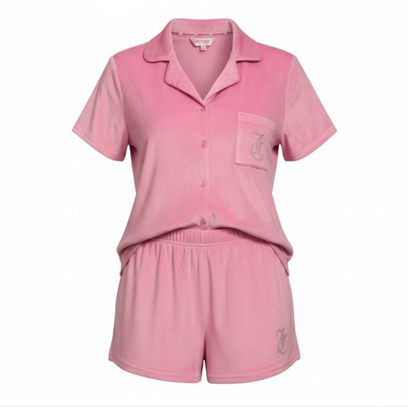 Juicy Couture Other - Juicy Couture Pink Velour Pajama Set Size Large 2-Piece Button Front Top & Short